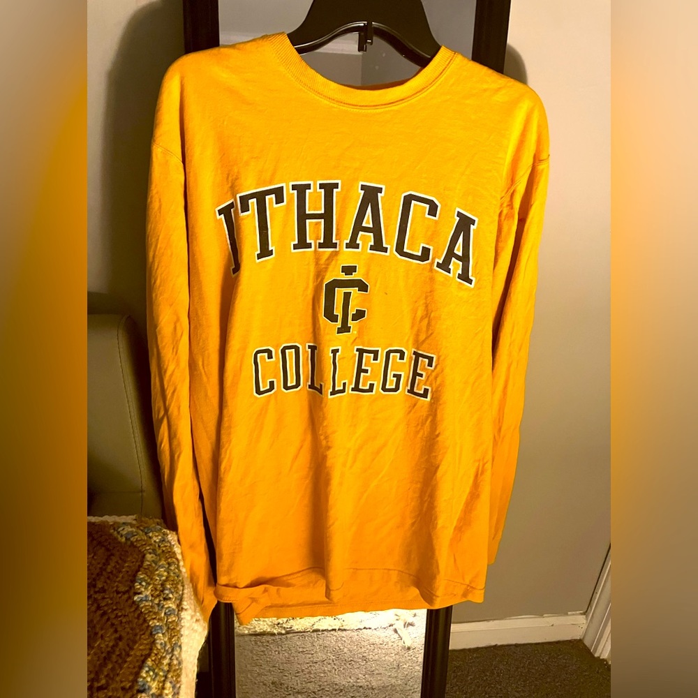 Neon yellow Ithaca College long sleeve. Has “IC” monogram on the back.